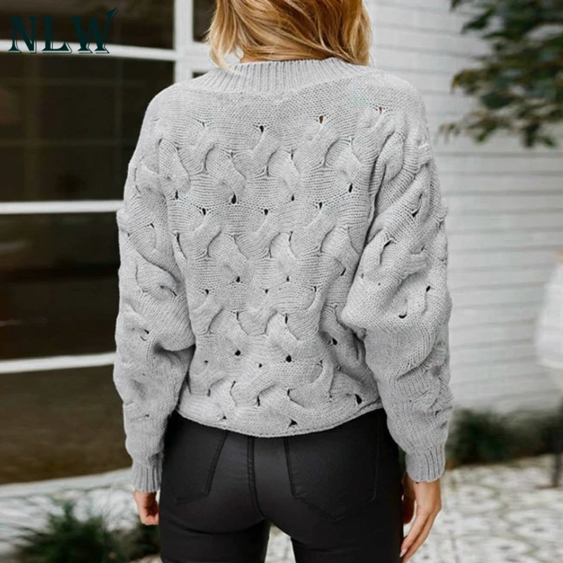 NLW O-Neck Sweater Women 2019 Autumn Winter Vintage Kintted Gray Solid Sweaters And Pullovers Casual Knitwear | Женская одежда