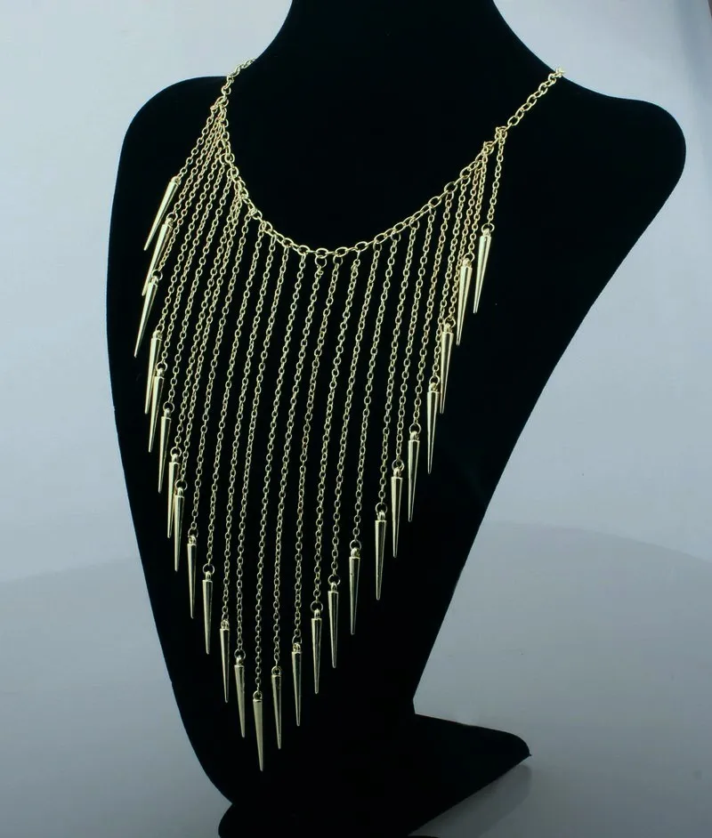 

Fashion Exaggerated long tassels Necklace Spiked Fringed Necklace Collar Trade Punk Jewelry Gold Chain Stainless Steel Jewelry