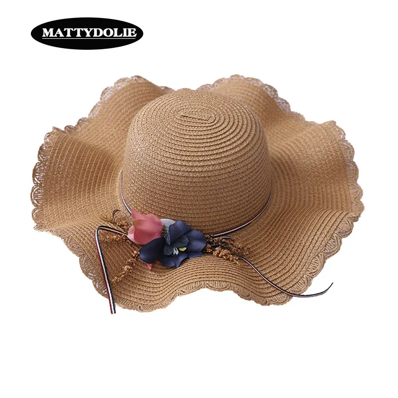 

MATTYDOLIE Flower Straw Hat Girl Summer Hat Dome Water Wave Wide Side Visor Beach Hat Outdoor Seaside Sun Hat 2019 New