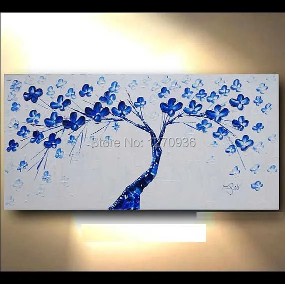 

Палитра с ножом, высококвалифицированный высококачественный синий цветок, картина маслом на холсте, ручная работа, Цветочное дерево, карти...