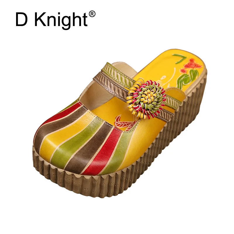 

Flower Ladies Slippers Genuine Leather Shoes Handmade Slides Flip Flop On The Platform Clogs For Women Summer Wedge Heel Sandals