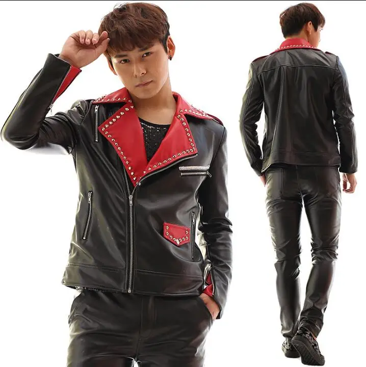 Мужской пиджак с заклепками мужской косой молнией черный и красный цвета |