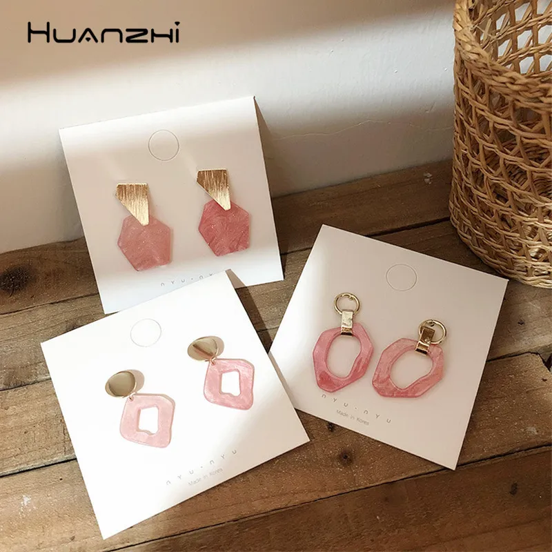 Серьги HUANZHI женские розовые акриловые геометрические полупрозрачные корейские