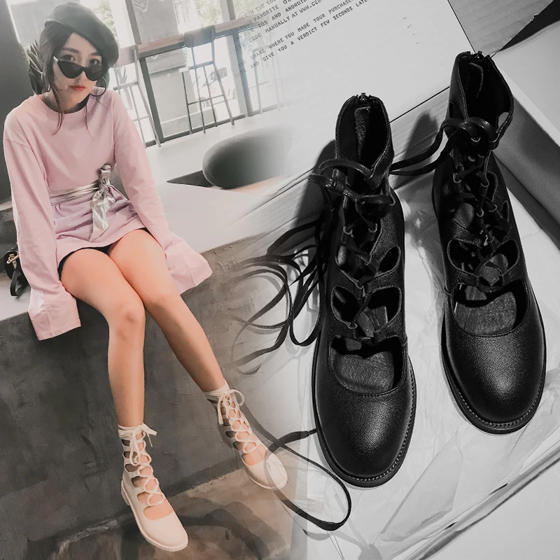 Женские летние ботильоны; коллекция года; модная обувь; женские ботинки из натуральной коровьей кожи; всесезонные сандалии в римском стиле на шнуровке