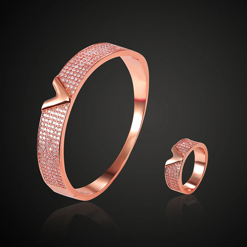 

Theresa luxury letter V five line zircon bangle with ring jewelry set cubic zircon micro pave setting bracelet fashion jewelry