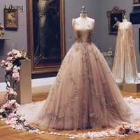 pretty vintage champagne embroidery prom dresses 2018 a line 3d flower v neck evening gowns 2018 vestido de festa longo
