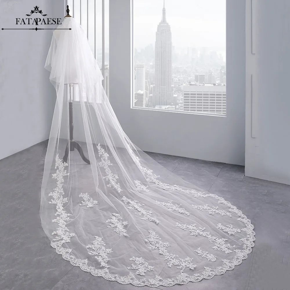 Фата FATAPAESE с гребнем свадебная двухслойная кружевной аппликацией длиной 3 5 м