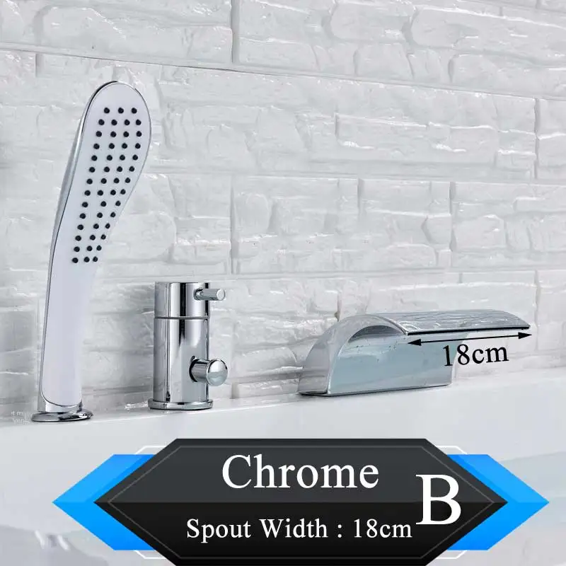 Chrome Faucet B Палубное крепление хром водопад смеситель для ванны с одной ручкой широкий Водопад Носик Смеситель для ванны выдвижной ручной душ широко распространенный 3 отверстия - Цвет: Chrome Faucet B