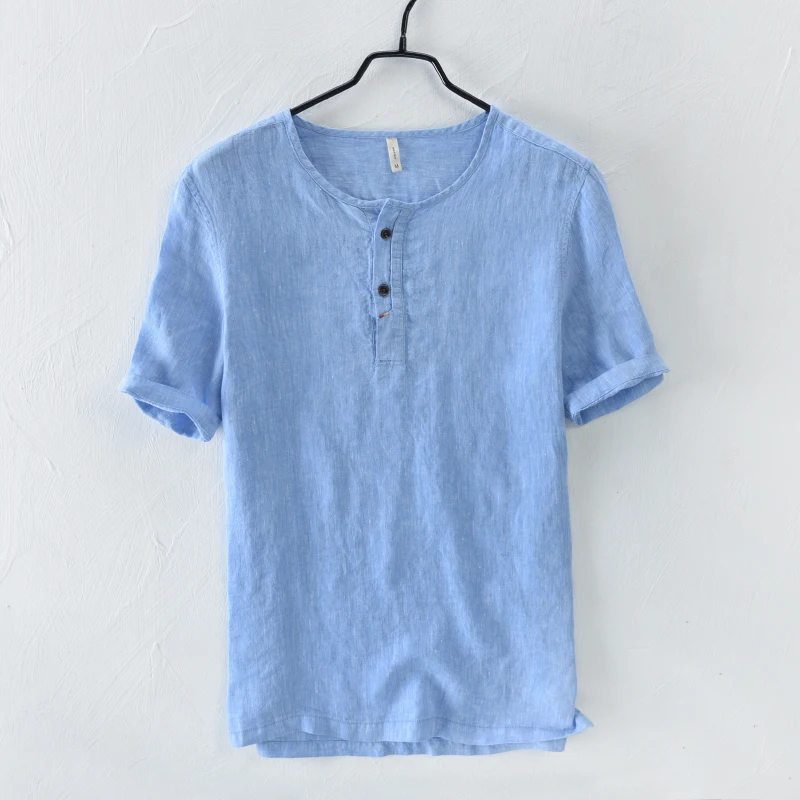 

New style summer linen shirt men brand casual colarless men shirts blue short sleeve shirt mens M-3XL camisa social masculina