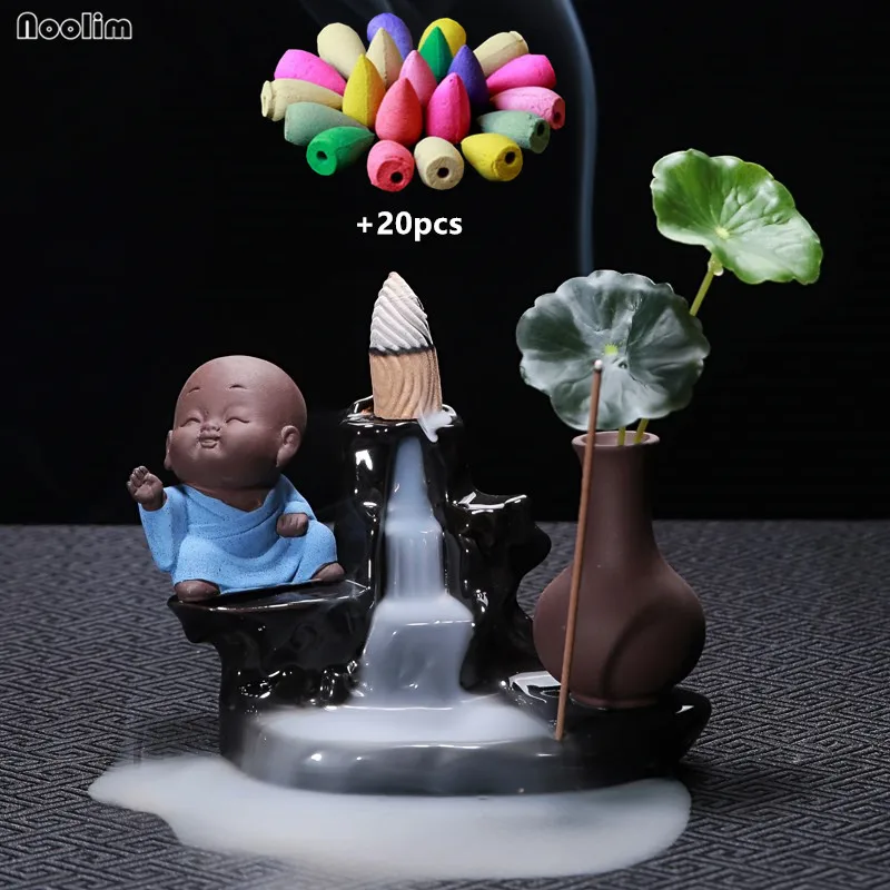 With 20pcs mixed-E Керамический обратный поток Будда ладан горелка водопад маленькие монашеские благовония курильница домашний декор Арома печь+ 20 шт благовоний конусов - Цвет: With 20pcs mixed-E