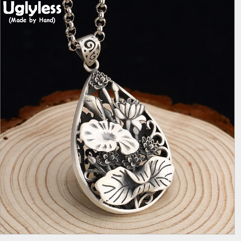 

Uglyless Real Solid 990 Pure Silver Handmade Lotus Pendant Necklaces NO Chain Hollow Water Drop Pendant Fine Jewelry Thai Silver