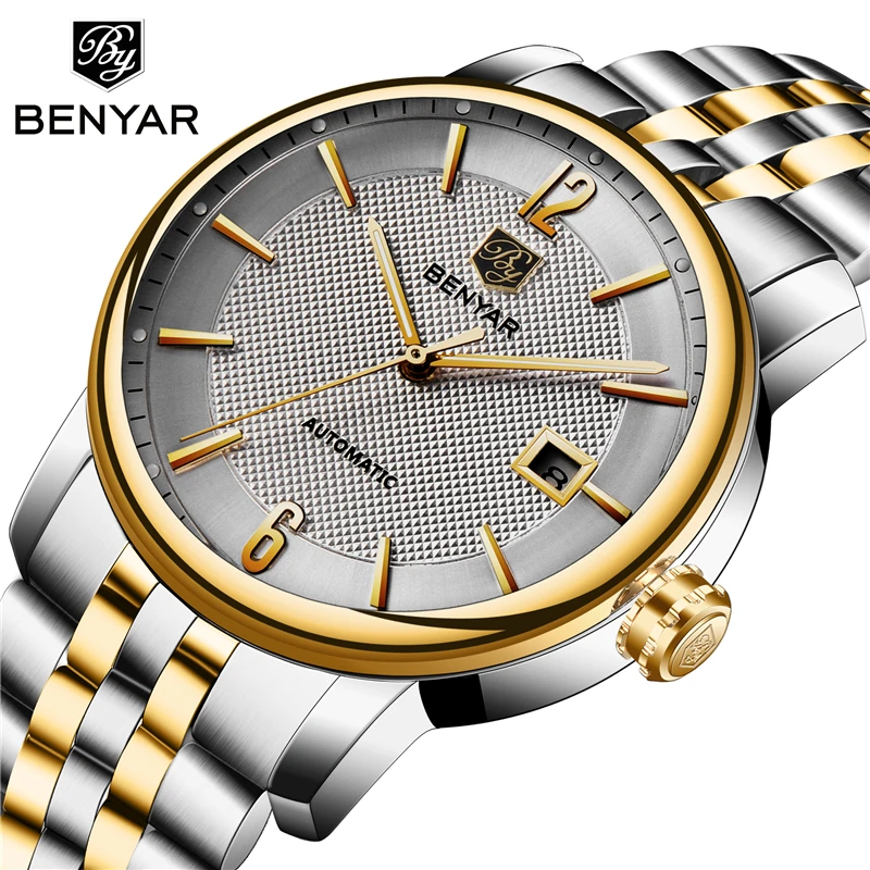 BENYAR luxury brand men's mechanical watch waterproof military automatic winding gold and silver Relogio Masculino