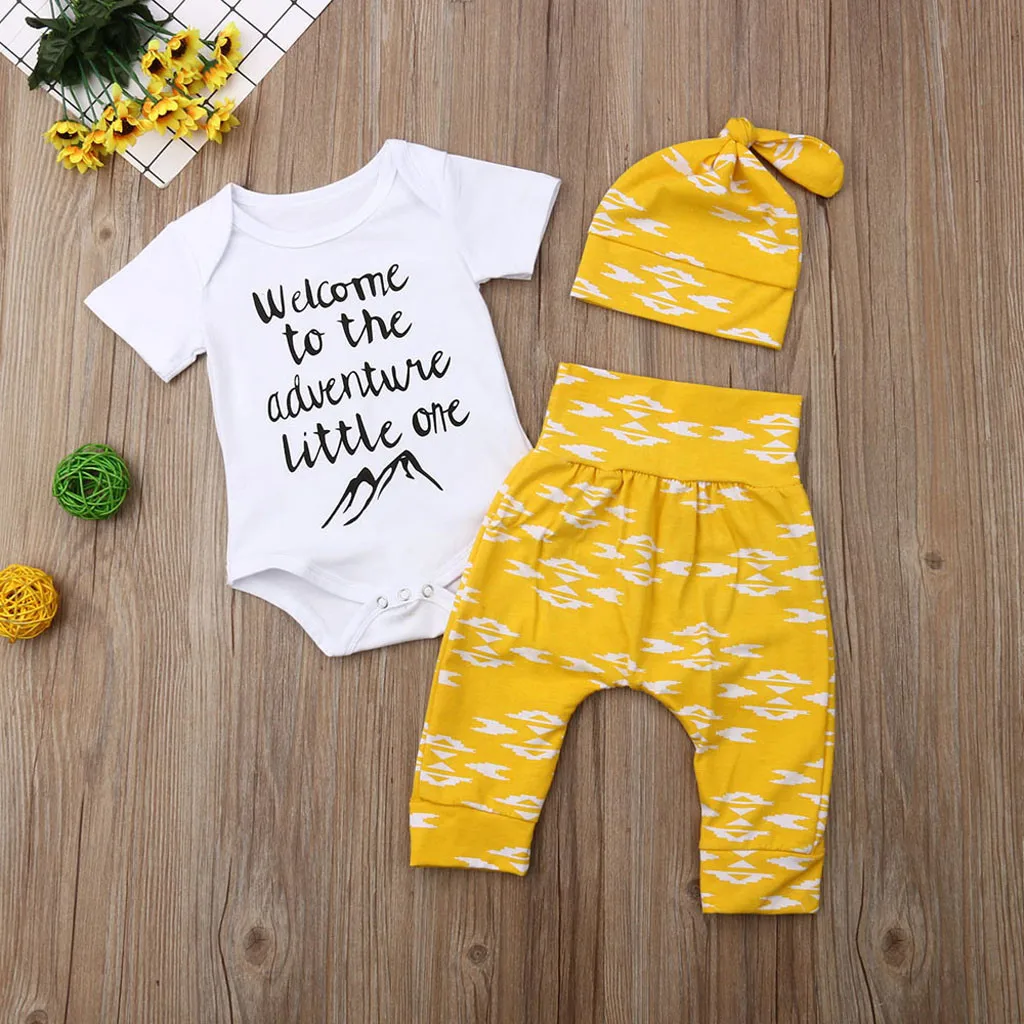2019 Infant Baby boy summer clothes Toddler Letter Cartoon Printed Romper Tops+Pants+Hat Outfits Set kid Dropshipping | Детская одежда