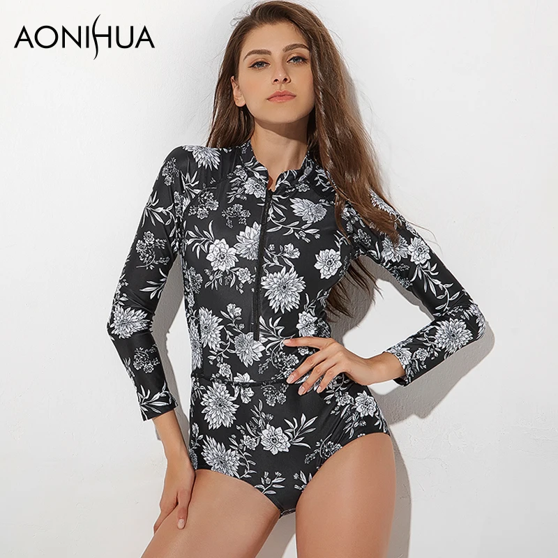 

Aonihua Сёрфинг Одна деталь купальник для Для женщин на молнии с принтом Купальники для малышек с длинным рукавом для спорта Женский Push Up swimmimg о...