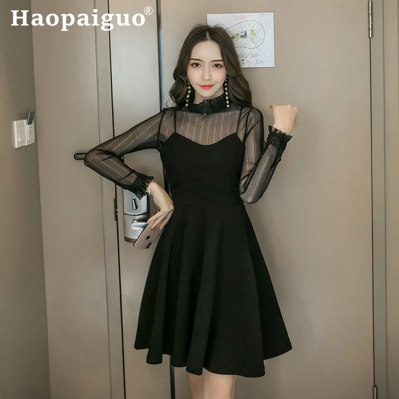 

Plus Size Stand Mini Dress Club Wear for Ladies High Waist Casual Black Dress Women Mesh Patchwork Pleated Vintage Dress Summer