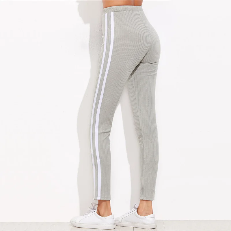 2019 Spring and summer Fashion Women Side Striped Casual pants Gray Mid waist Drawstring tight Trousers Plus size | Женская одежда