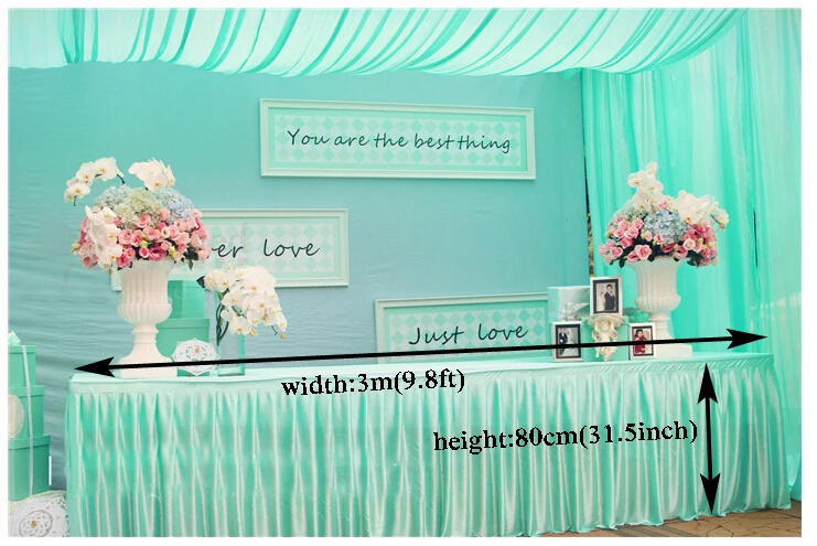 

9.8ft(W)*31.5"(H) light green ice silk Tablecloth wedding table skirt banquet party table skirt with swag table cover