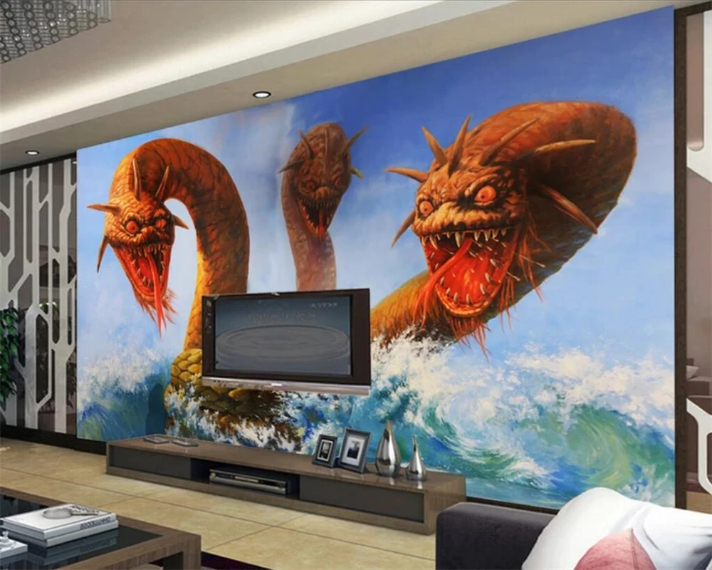 beibehang Custom photo wallpaper 3D stereo horror dragon 3 head sea snake TV background wall decoration silk mural | Обустройство