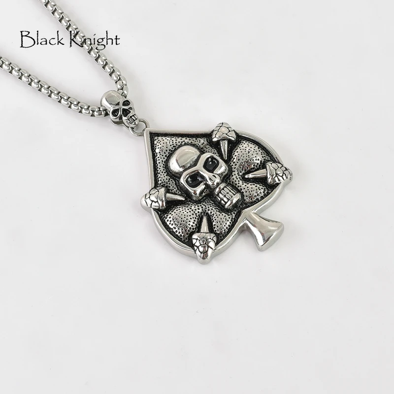 

Black Knight Vintage silver color Punk Skull Spade necklace stainless steel mens hip hop Gothetic Spade Skull necklace BLKN0747