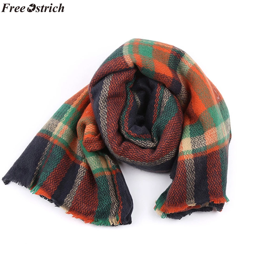 FREE OSTRICH Women Warm Scarf Color Stitching Long Wool Shawl Plaid Soft Neck Elegant Fashion Wrap |
