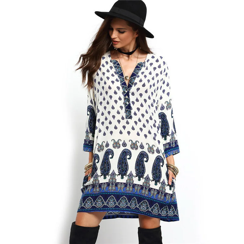 Новый модный принт платье Для женщин потерять Летние платья v образным вырезом