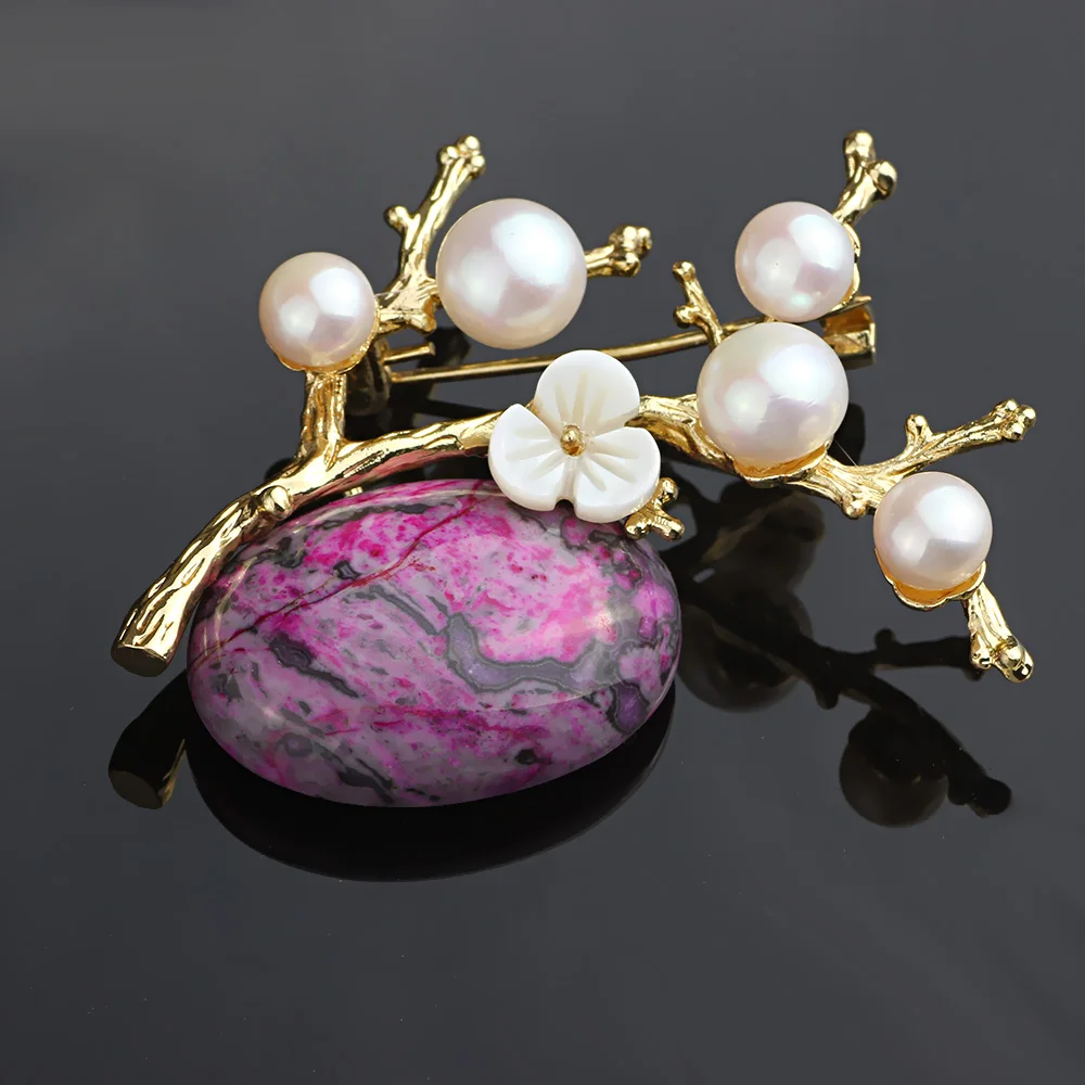 

FARLENA Jewelry High-end Handmade Natural Shell Plum Tree Brooch with Freshwater Pearl Vintage Natural Stone Brooches for Women