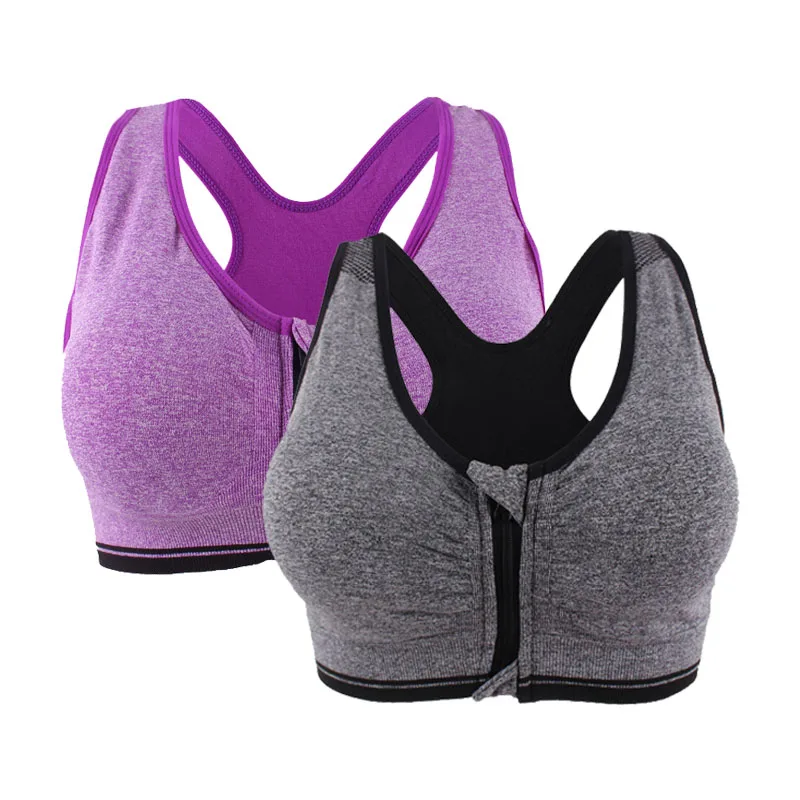 Purple Gray Спортивный бюстгальтер на молнии размера плюс M-3XL с эффектом пуш-ап для женщин, Ударопрочный Мягкий бюстгальтер для фитнеса, йоги, спортивного зала, бега - Цвет: Purple Gray