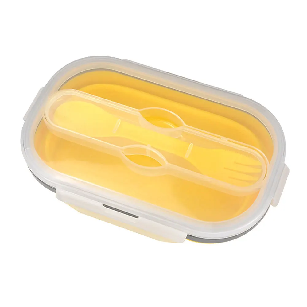 Складные силиконовые контейнеры для хранения еды Bento ящики для фруктов контейнер для приготовления еды портативный складной Ланч-бокс с вилкой - Цвет: Yellow