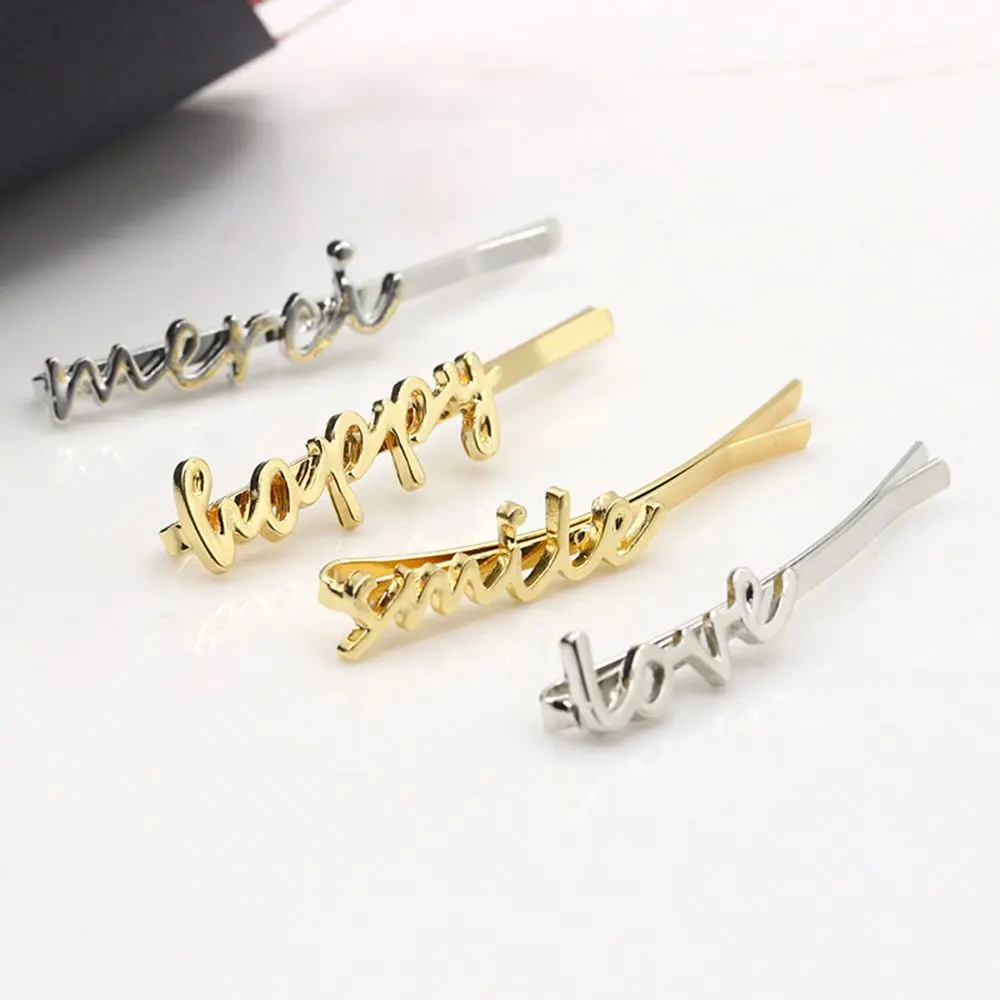 

4 Words "Smile Happy Merci Love" Golden Silver Hair Clips and Pins Barrettes Hairgrips for Women Headwear Hair Accessories