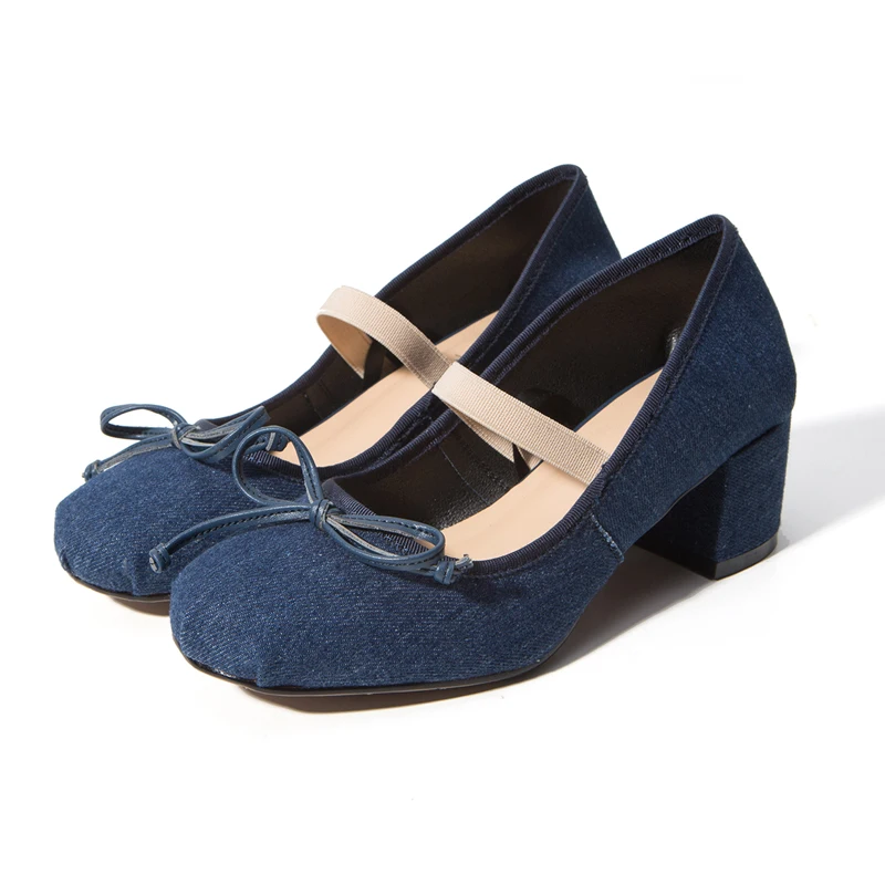Мода Джинсовой Ткани (Синий)/Натуральная Кожа (Черный)-Бабочка-узел женская обувь
