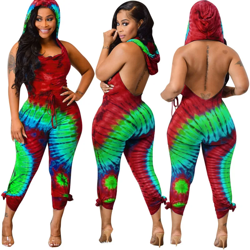 Женский комбинезон с капюшоном без рукавов высокой талией и открытой спиной |