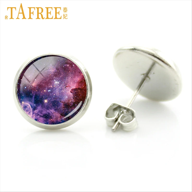 Женские серьги гвоздики со Звездами Галактики TAFREE стеклянные купольные в виде