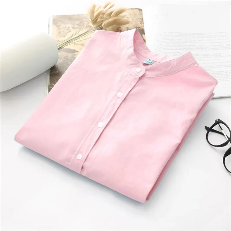 0689-pink Nvyou gou Осенние блузки женские с длинным рукавом хлопковые Оксфордские белые синие однотонные рубашки на пуговицах элегантные офисные женские рубашки - Цвет: 0689-pink
