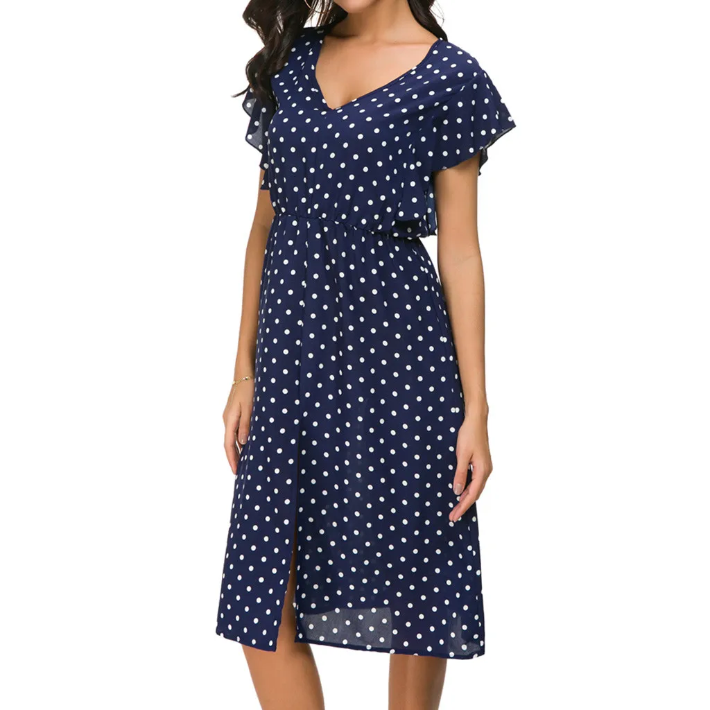 Женское платье из полиэстера в горошек с v образным вырезом повседневное летнее