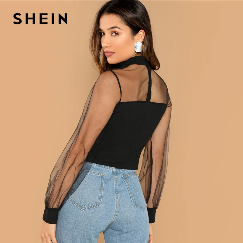 SHEIN Прозрачная Сетчатая Блуза С Высоким Вырезом Контрастная Сетчатая Облегающая Блуза С Оригинальным Рукавом