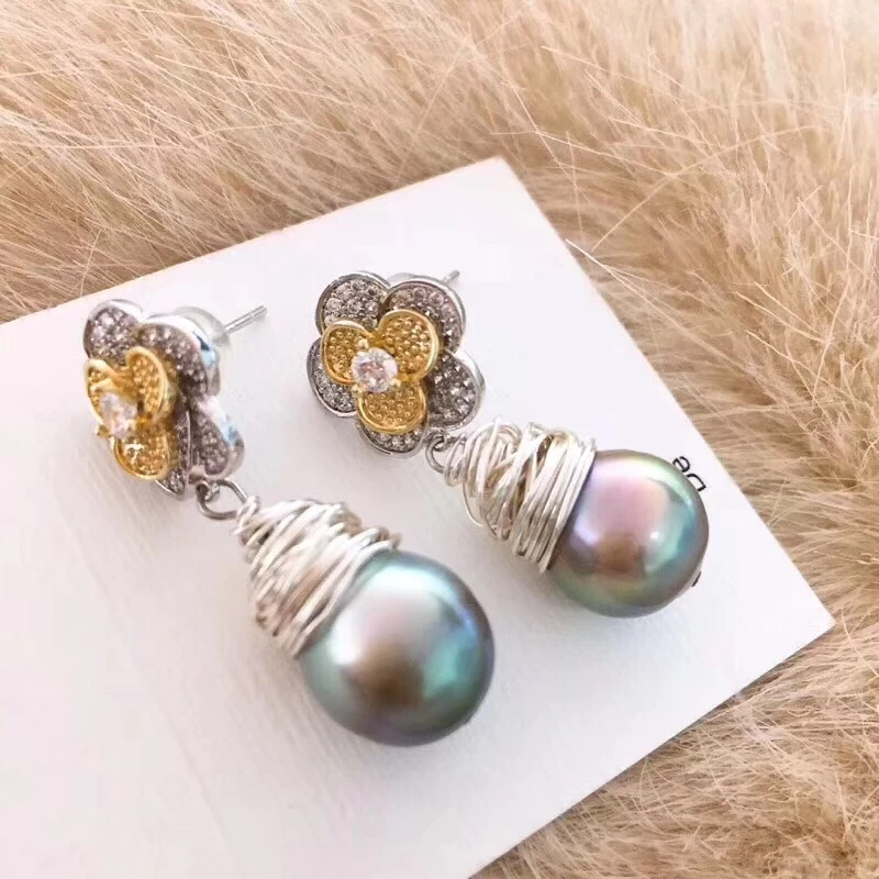 Серьги-капли из пресноводного жемчуга Tahitian, настоящая природа, черный жемчуг, 925 серебро, женские модные свадебные ювелирные украшения, стильные серьги DE014