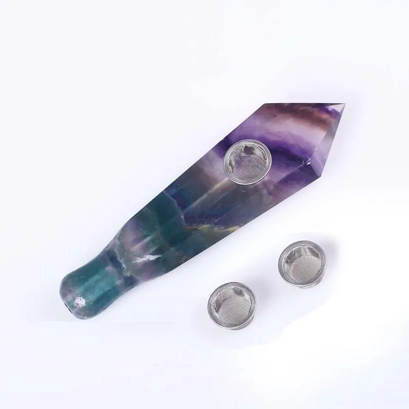 Pipe with 2pc mesh Высокое качество натуральный кристалл курительные трубы целебные камни кварцевый кристалл Радуга Флюорит курительные трубы для подарков - Цвет: Pipe with 2pc mesh
