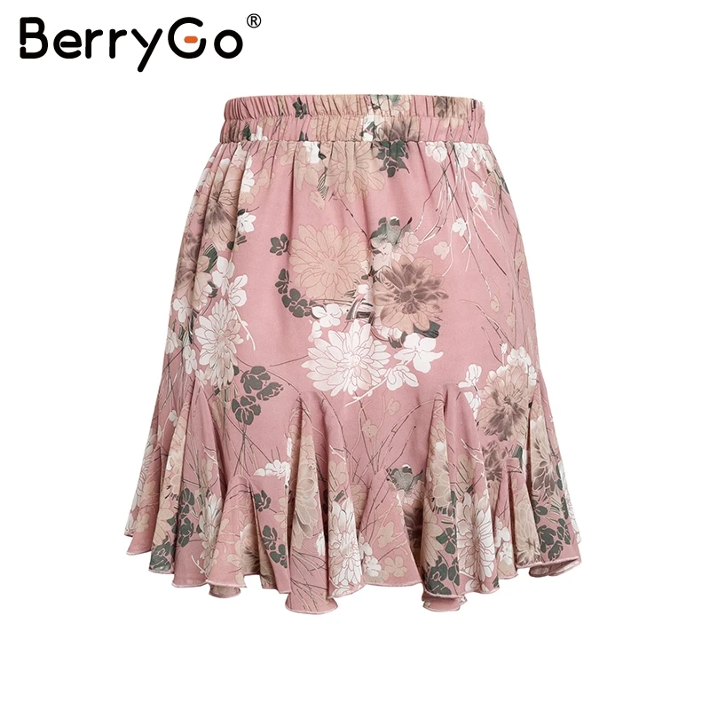 BerryGo, повседневная, с рюшами, с цветочным принтом, летняя, розовая, юбка, женская, эластичная, элегантная, boho, короткая юбка, femme, с высокой талией, для отдыха, пляжная юбка