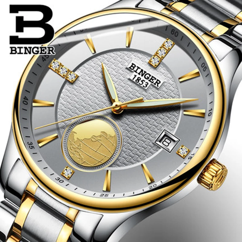 

Часы BINGER мужские, из нержавеющей стали, с кожаным ремешком, автоматические, механические, 18 К, золотой, деловой календарь