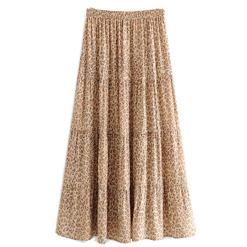 Женская плиссированная юбка Длинная пляжная цвета хаки с леопардовым принтом со