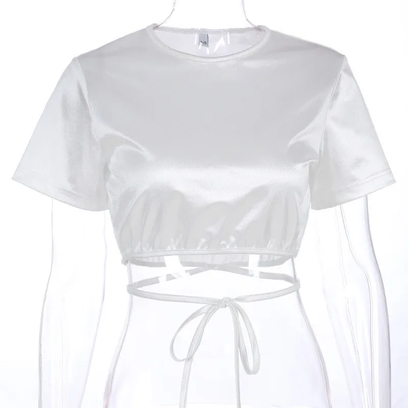 Женская белая однотонная Повседневная футболка короткая с круглым вырезом