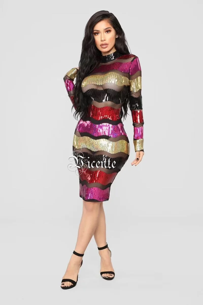 Лидер продаж Модное Сетчатое платье в полоску с блестками и длинными рукавами