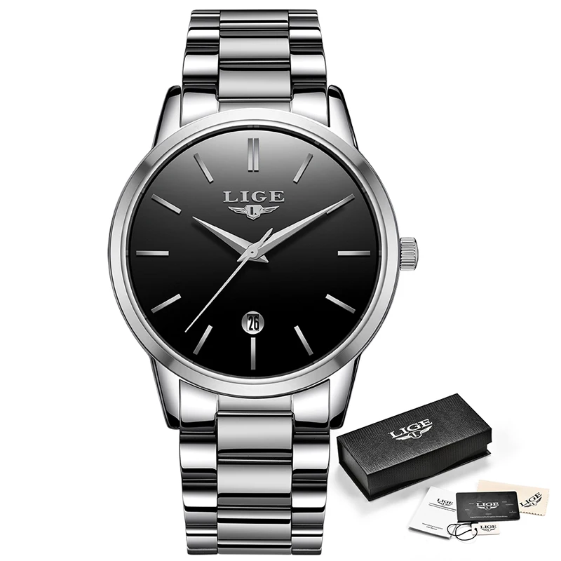 LIGE Fashion Casual Brand Waterproof Watch Men Slim Simple Stainless Steel Quartz Watches Clock Mens Relogio Masculino +gift box | Наручные