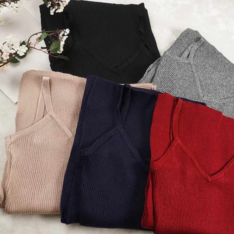 2019 New Women Spaghetti Strap Dresses Sexy Split V-Neck Long Knitted Dress Female Sleeveless Bodycon Tank Vestidos | Женская одежда