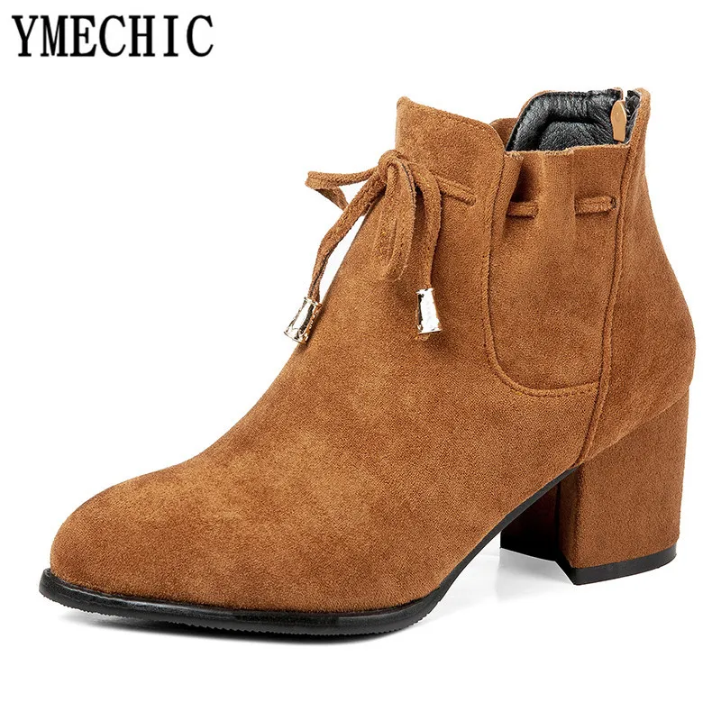 YMECHIC 2018 модные замшевые ботильоны на высоком блочном каблуке желтые серые черные
