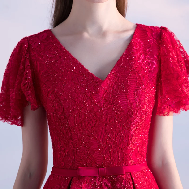 Wine Red Evening Dress Tea-Length with Short Sleeves 2017 Lace Appliqued Prom Party Dresses V Neck Robe De Soiree | Свадьбы и