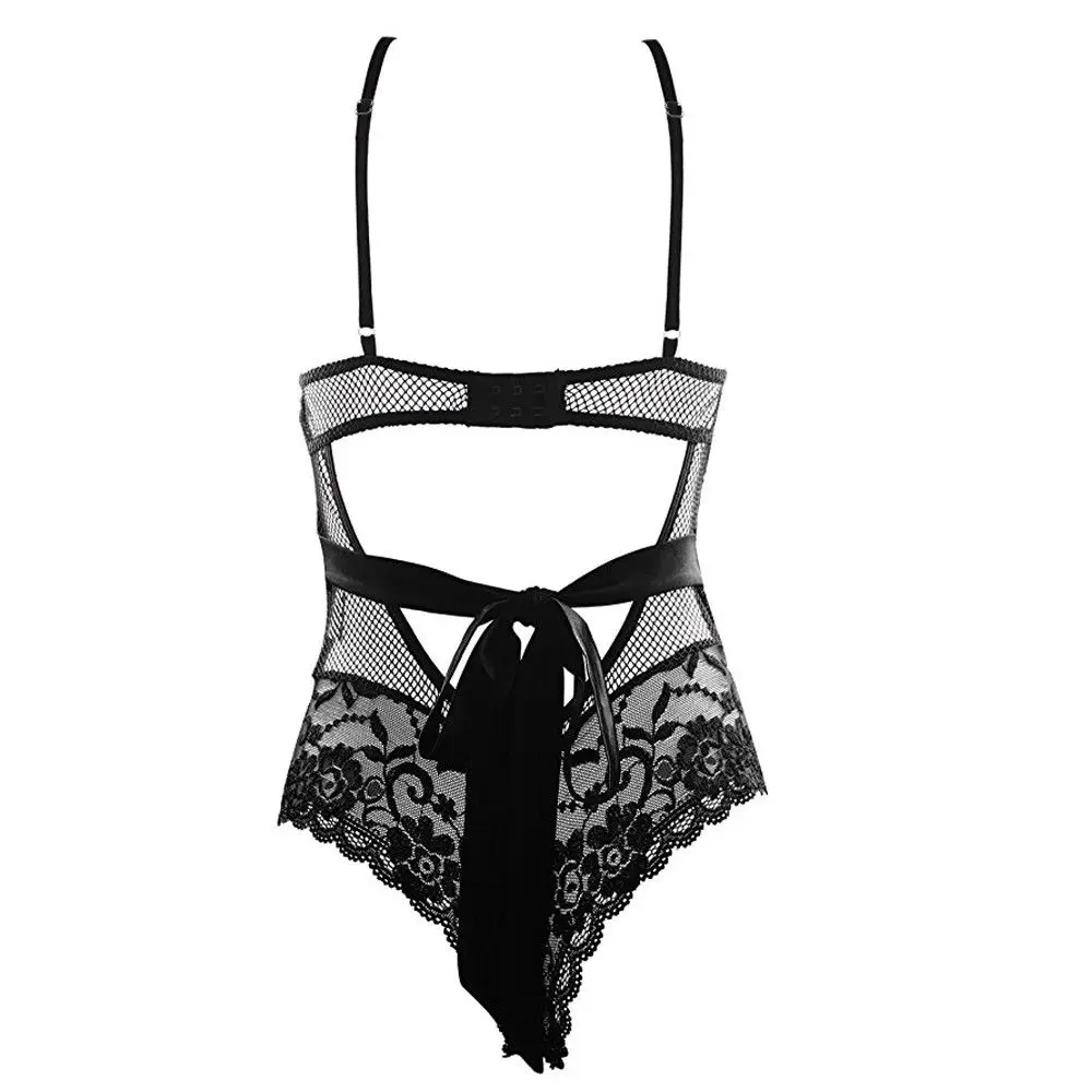 Sexy Women Floral Lace Hollow Out Twisted Lingerie Transparent Bodysuit Sleeveless V-neck Fishnet Bandage Playsuit Romper Black |