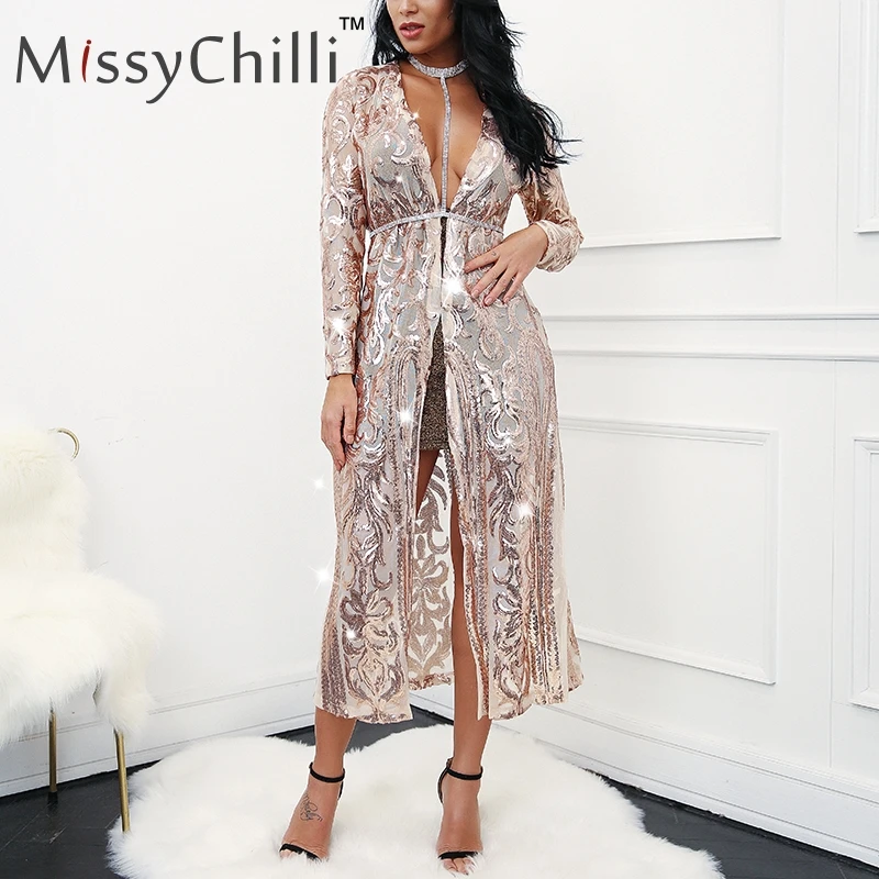 Женское длинное Сетчатое пальто MissyChilli с блестками прозрачная верхняя одежда