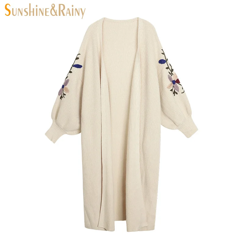 Winter autumn casual tops V-NECK collar lantern sleeve floral embroidery knit sweater warm women sweaters long cardigans |