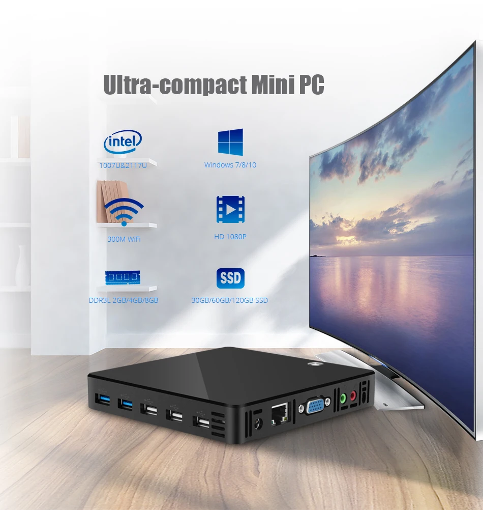 Мини ПК компьютер Intel Pentium 2117U Windows Linux 300 Мбит/с WiFi 1000 Мбит/с LAN HDMI VGA 5* USB tv Box HTPC неттоп ПК